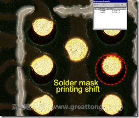 電路板BGA下面的防焊層印刷偏移，造成焊墊大小不一致。