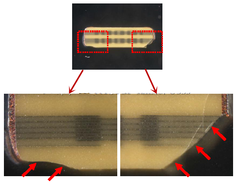 從破裂的現(xiàn)象與電容廠商切片的照片看來，破裂的痕跡從端接處以斜角裂開，電容零件的確像是機(jī)械外應(yīng)力所造成的破裂。