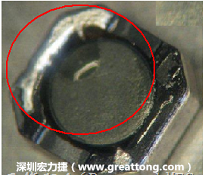 使用錫(Sn)鍍層的電源電感器(Power Inductors)，經(jīng)過(guò)推力測(cè)試后，其焊點(diǎn)還保留在零件的端點(diǎn)上，所以推力比較高。