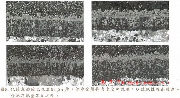 下面四圖顯示，當焊接的熱量不足或未持續(xù)時，雖然Ni3Sn4的薄薄IMC層已經(jīng)生成而焊牢，但也會因為AuSn及AuSn2還未來得及逸走，而停留在共金介面附近，當有外力拉扯的時候，就很容易斷裂開來。這就是為何ENIG的焊點強度，始終不如銅面焊點(Cu6Sn5)來得更為牢固的主因之一。