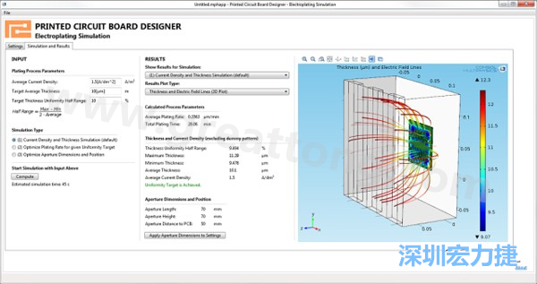 電鍍App的用戶界面。它支持PCB板設計人員上傳不同的設計，修改電鍍槽尺寸，以及加入特定尺寸的孔隙(可選)-深圳宏力捷