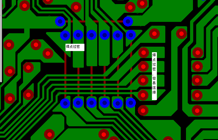 PCB設計焊點過密，易造成波峰連焊，焊點間漏電