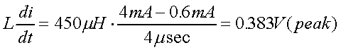 舉例來說，一個閘在"ON"而載有4mA的電流時，突然開關(guān)切到"OFF"且現(xiàn)在載有0.6mA的電流，假設(shè)開關(guān)時間為4msec，載有450mH的電感信號的導(dǎo)體，此時所產(chǎn)生的電壓突波為