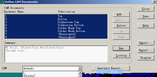 回到Dsfine CAM Documents窗口 ，將所有須輸出的文件用鼠標(biāo)拉住選擇，按Run輸出，默認(rèn)輸出路徑是安裝目錄的\CAM\default，也可按CAM的Create更改