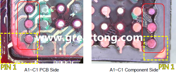 PIN-1的位置很重要，不知道Pin-1在哪里？那你怎么知道斷裂錫球在PCB的位置，如何判斷可能的應(yīng)力(Stress) 影響。一般在PCB的絲印層(白漆)上面一定會(huì)標(biāo)示零件的PIN-1位置，有的未打一個(gè)圓點(diǎn)，有的會(huì)畫三角形，但這張照片在PCB的PIN-1被紅墨水遮住了，如果可以的話建議那一塊沒有紅墨水的板子對(duì)照一下。