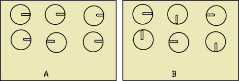 所有徑向電容的負(fù)極朝向一邊可很容易發(fā)現(xiàn)錯(cuò)誤(A)，反之則較為困難(B)