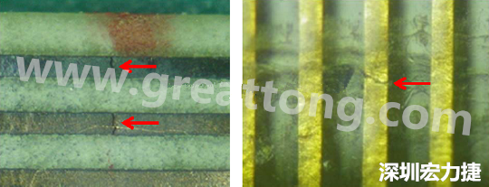 一旦找到確切的銅箔線路斷裂位置，如果還是無法觀察到斷裂的現(xiàn)象，就試著在顯微鏡下彎曲該位置的軟板，這樣就可以突顯并放大斷裂銅箔的開口了。 