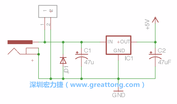 2.5.    新增一個(gè)二極體，它會(huì)以水平的狀態(tài)出現(xiàn)在屏幕上，請(qǐng)使用「旋轉(zhuǎn)（Rotate）」工具把它負(fù)極那一面朝上，并且用「網(wǎng)絡(luò)連接」工具將它連接在電壓調(diào)整器的輸入端和接地端之間。