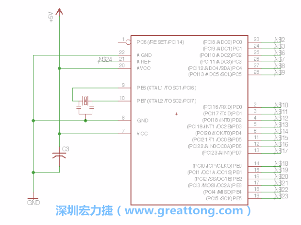 3.3.    將共鳴器（resonator）放置在針腳9和針腳10附近，將它的三個(gè)針腳連接如圖所示，并確認(rèn)最中間的針腳有連到接地端。