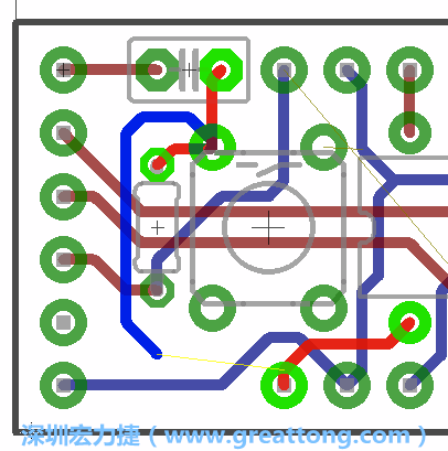 要在電路板正面進行+5V信號線連結(jié)和其他連結(jié)點的布線工作是非常容易的，而重置信號線（信號線用來連結(jié)電路板正面左邊的重置開關）需要經(jīng)過一個可以通過電路板正反兩面的電路通道，這個通道是一個可以讓電路板正反兩面線路連接的一個小孔。