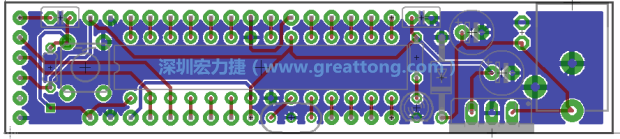 第二篇文章則帶領(lǐng)你進(jìn)行電路板上的布線、連結(jié)點(diǎn)的配置，并利用「設(shè)計(jì)規(guī)則檢查（Design Rule Check）」測(cè)試你的設(shè)計(jì)，第二篇文章的電路板設(shè)計(jì)圖將如下所示：