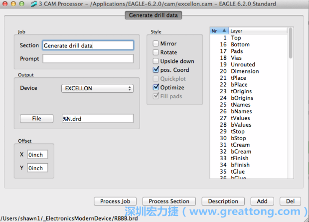 打開「excellon.cam」的工作項(xiàng)目并建立drill文件（副檔名為「.dri」和「.drd」），之后你只會(huì)用到「.drd」的文件檔；「.dri」的文件只是解釋用資料（所謂后設(shè)資料）而已。