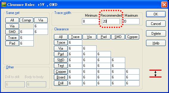 圖22 電源、接地線寬設(shè)定