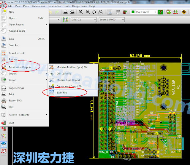 在Kicad的PCB Editor, 點(diǎn)選 File->Fabrication Outputs->BOM File, 即可產(chǎn)生一個(gè) .csv 的Excel 檔案。