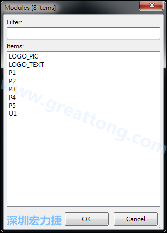 從目前正在編輯的PCB載入Module， 會顯示有那些項目可載入。點選一個， OK后即完成載入