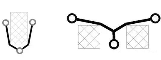 圖12：樹和(灰色顯示的)障礙物。(a)最小生成樹，(b)Steiner樹。