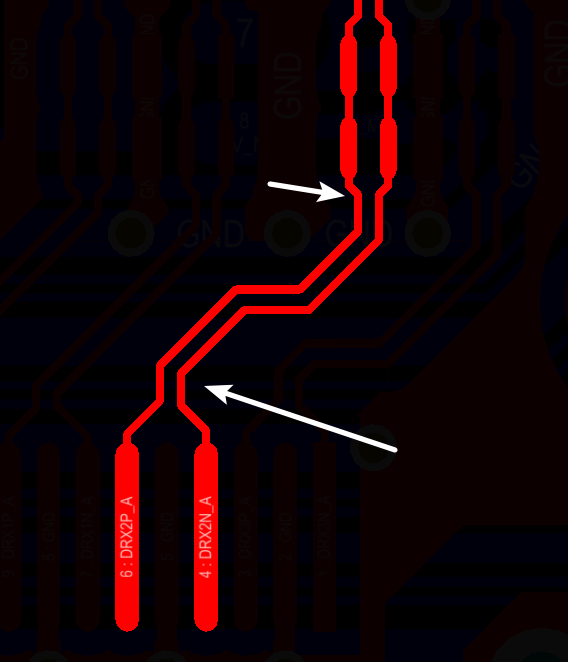 相應(yīng)的要對(duì)差分對(duì)不匹配的情況作出補(bǔ)償，使其線長(zhǎng)匹配，長(zhǎng)度差通常控制在5mil以內(nèi)
