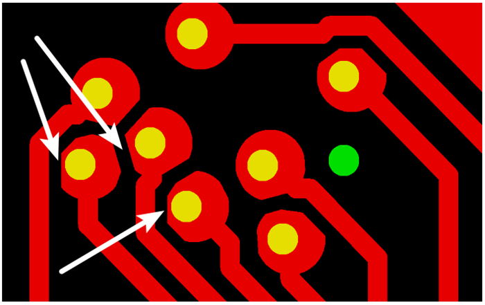 按源文件文件數(shù)據(jù)計(jì)算，孔邊緣到線邊緣6mil，孔環(huán)4mil，環(huán)到線只有2mil，保證環(huán)到線之間有3mil的安全間距需削1mil焊環(huán)，削后焊盤(pán)只有3mil